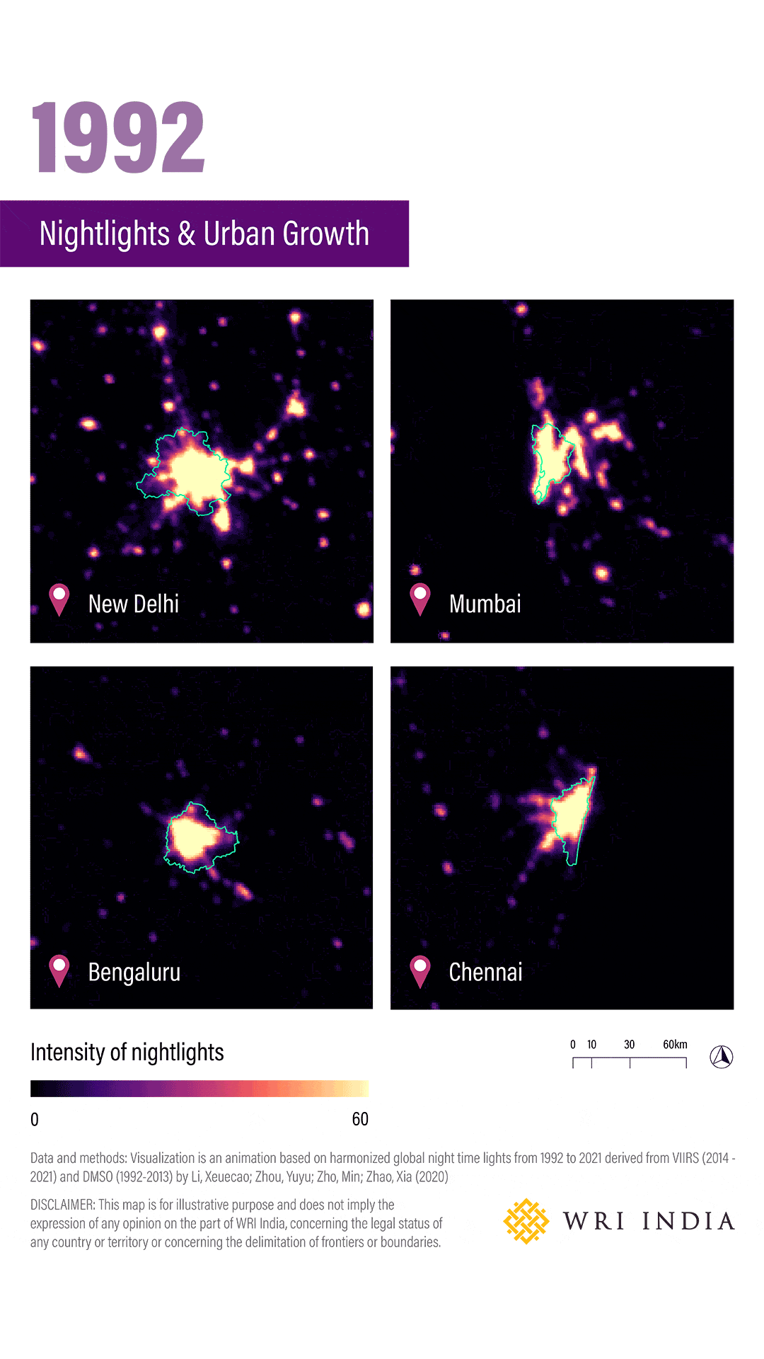 Animation showing long-term changes in intensity of nightlights in four Indian cities