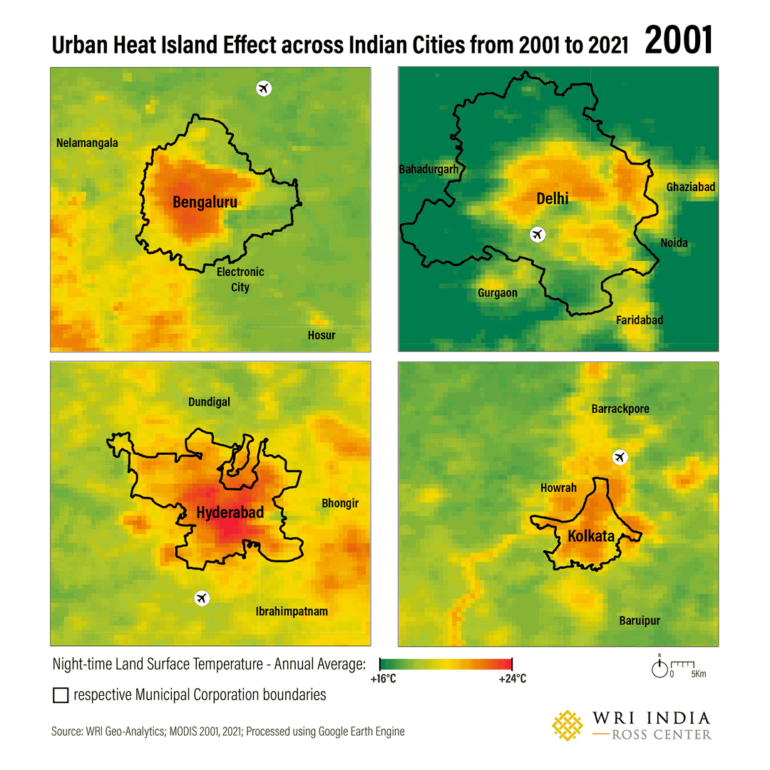 Animation showing Urban Heat Island effect in four Indian cities