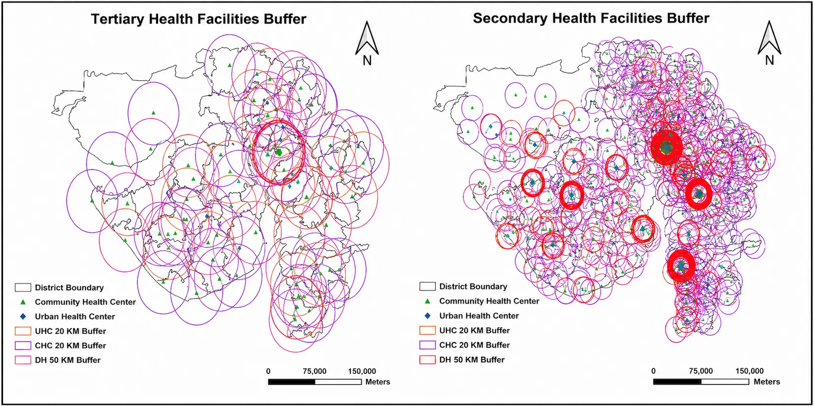 Geographical area within 20 km and 50 km service area buffers of public health facilities in Banaskantha District, Gujarat