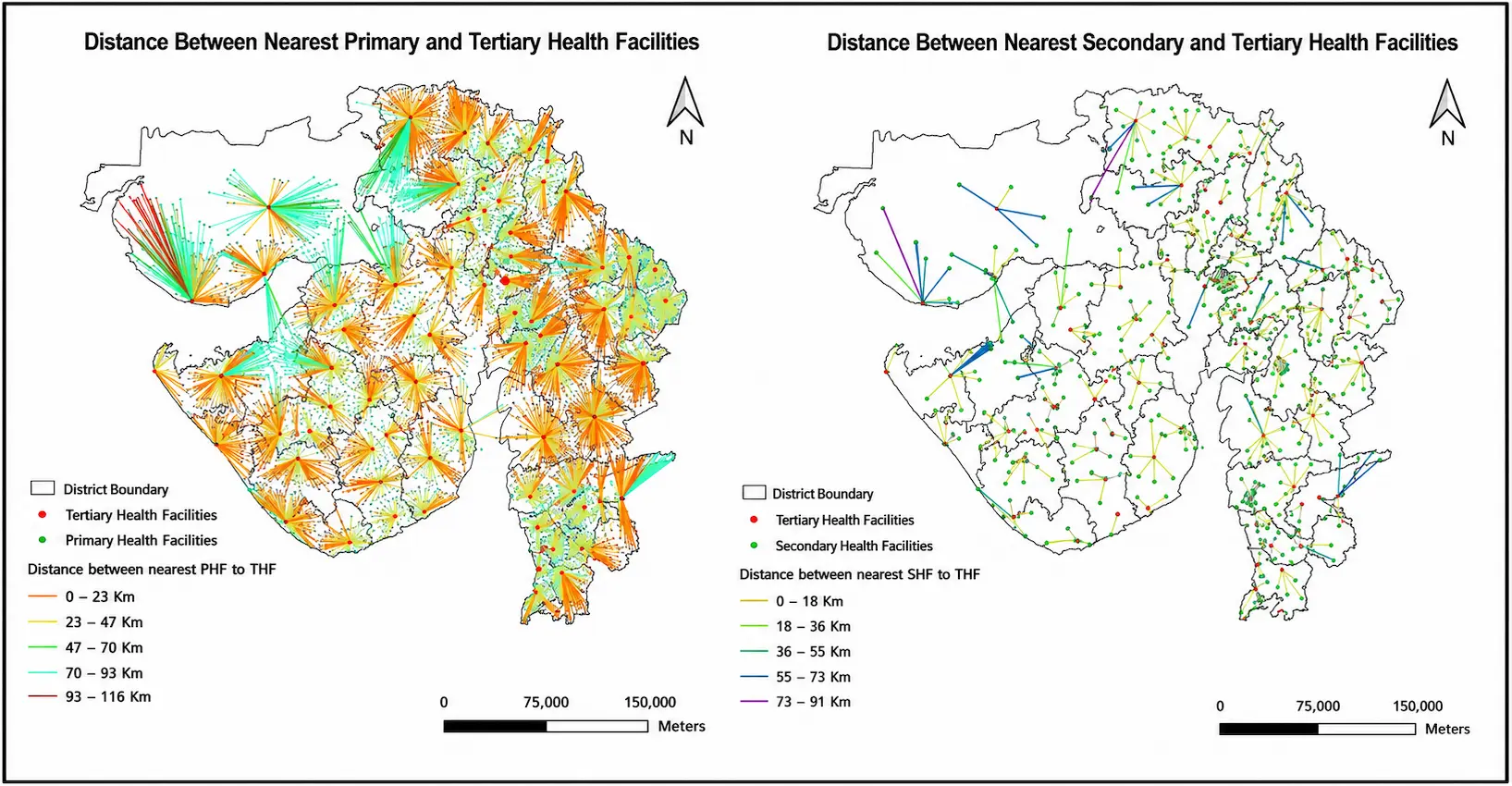 Shortest network-based route from each village settlement to the nearest public healthcare facility, Banaskantha District, Gujarat