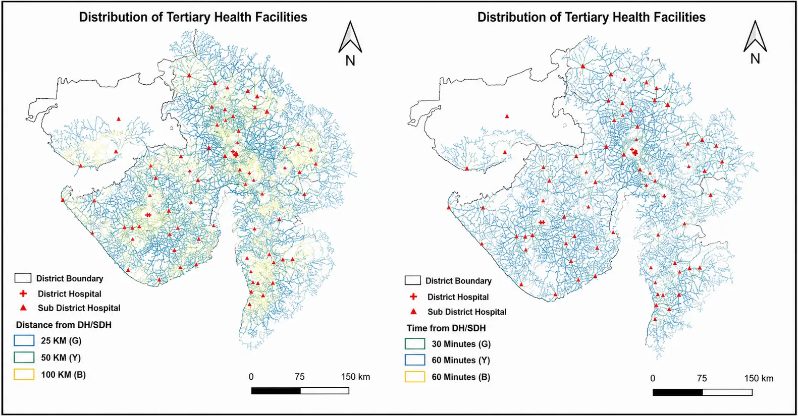 Travel time accessibility map showing settlement-level travel times to the nearest public healthcare facility