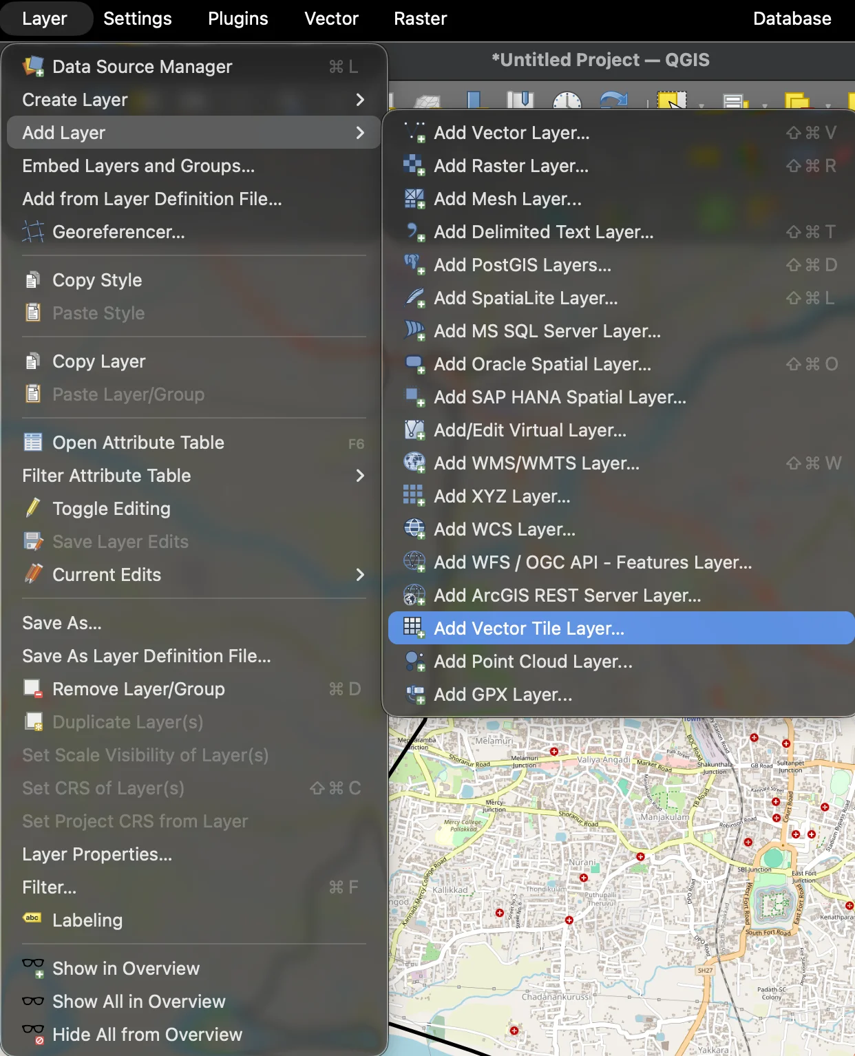 Add Vector Tile Layer menu option in QGIS
