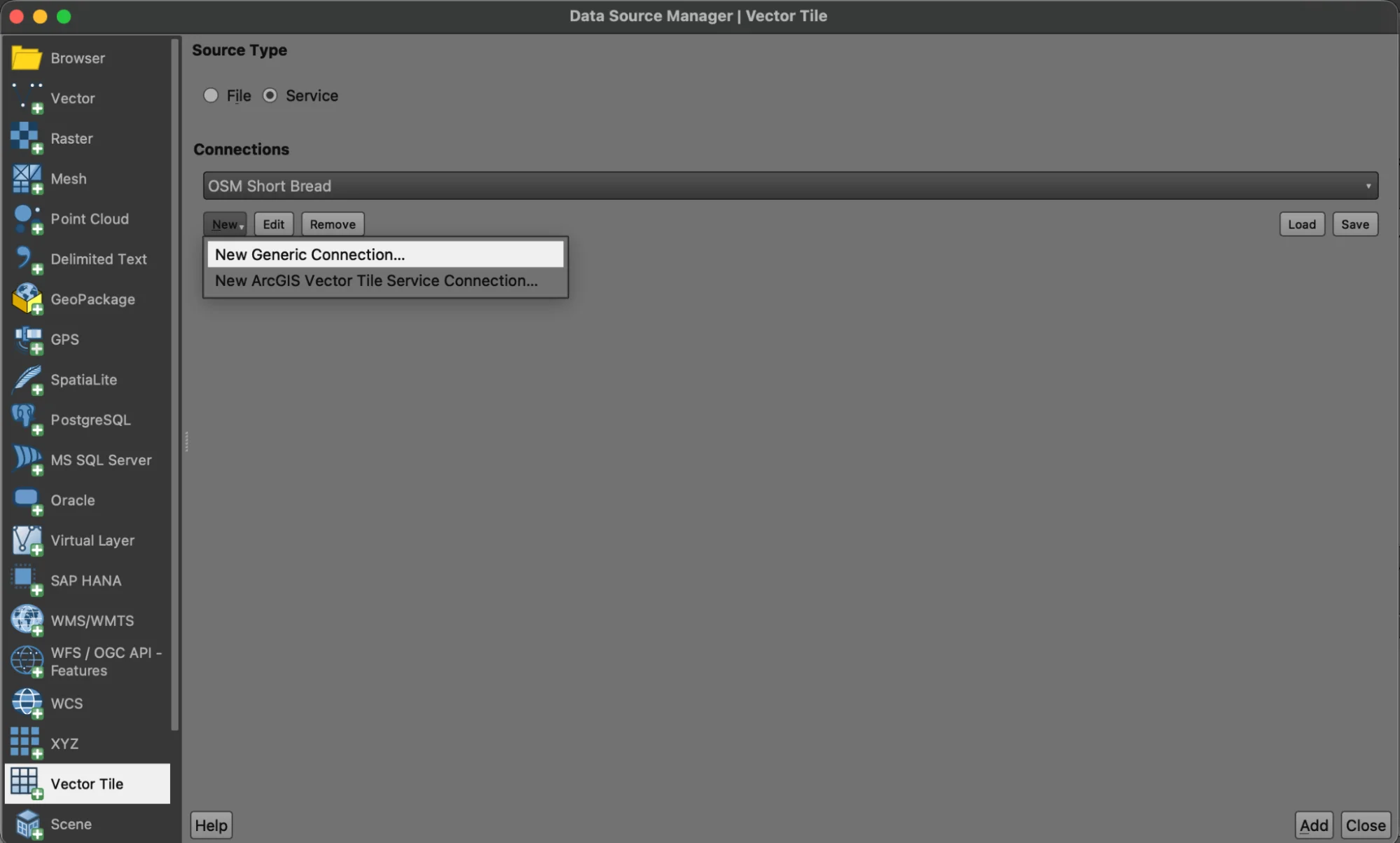 New Generic Connection button in the Vector Tile Layer dialog