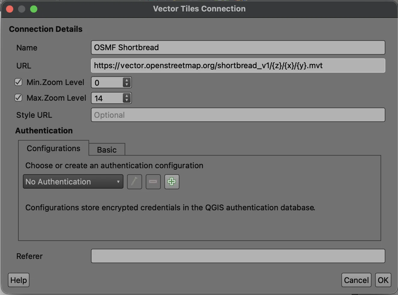 Connection details dialog with Name, URL, and Zoom level fields filled in