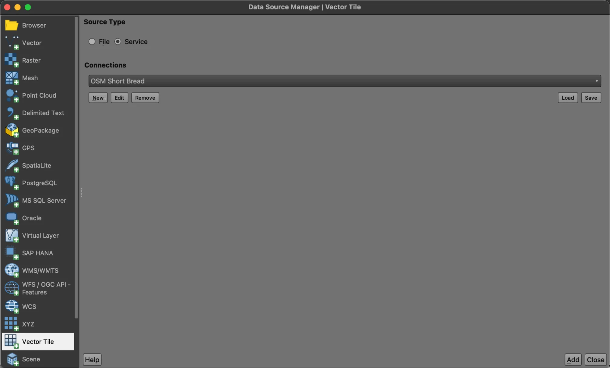 OSM Shortbread connection visible in the dropdown list