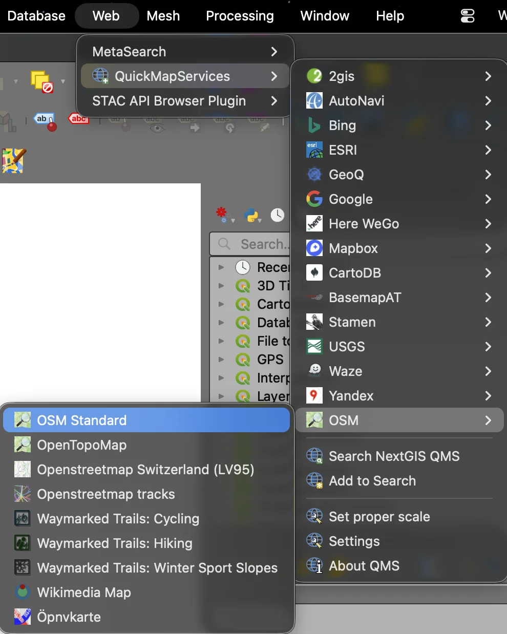QGIS canvas with OSM Standard basemap loaded in the layer panel