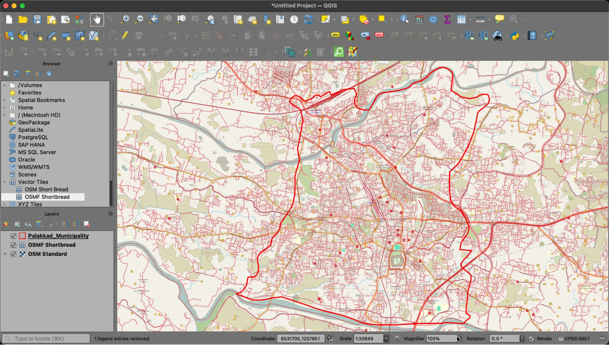 QGIS canvas showing the Palakkad Municipality boundary with the OSM Shortbread vector tile layer added