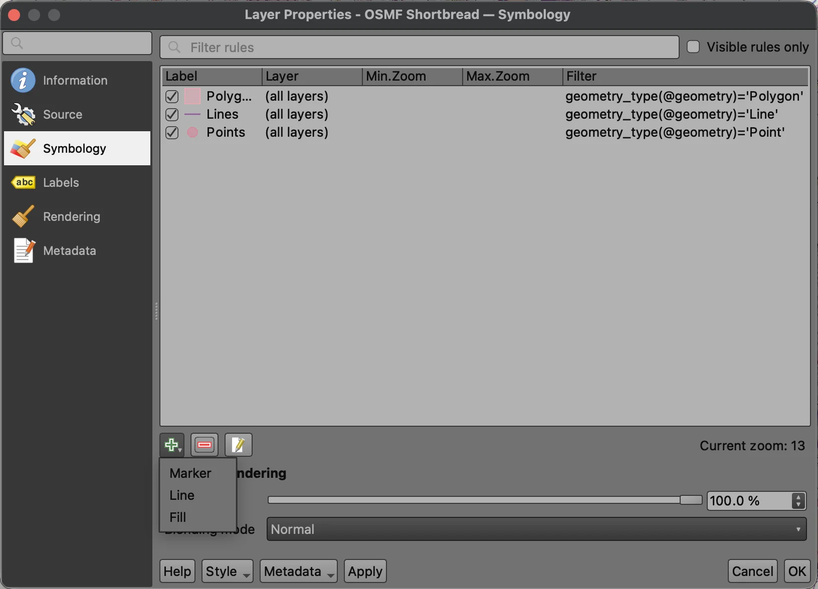 Vector Tile Layer Symbology dialog showing default Polygon, Line, and Point rules