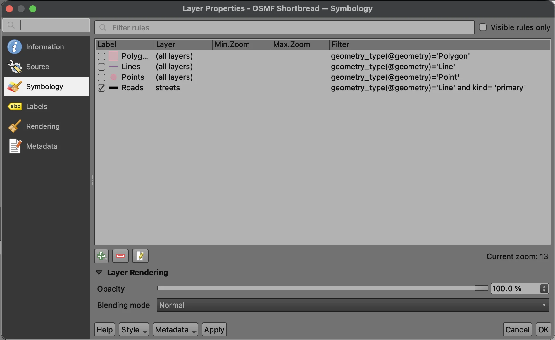 New symbology rule dialog with Label, Layer, and Filter fields configured for roads