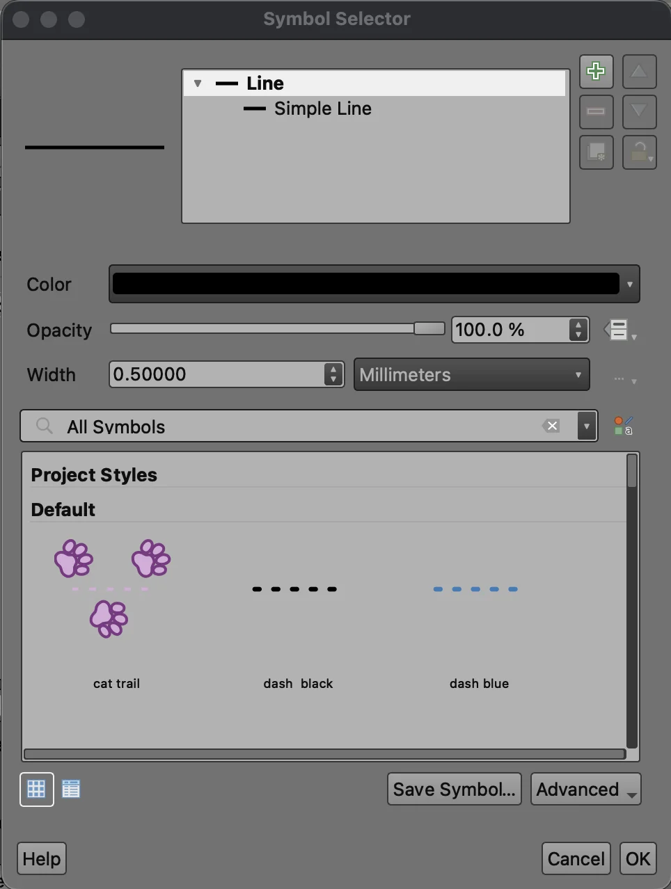Line symbol styling dialog with increased width and black colour for roads