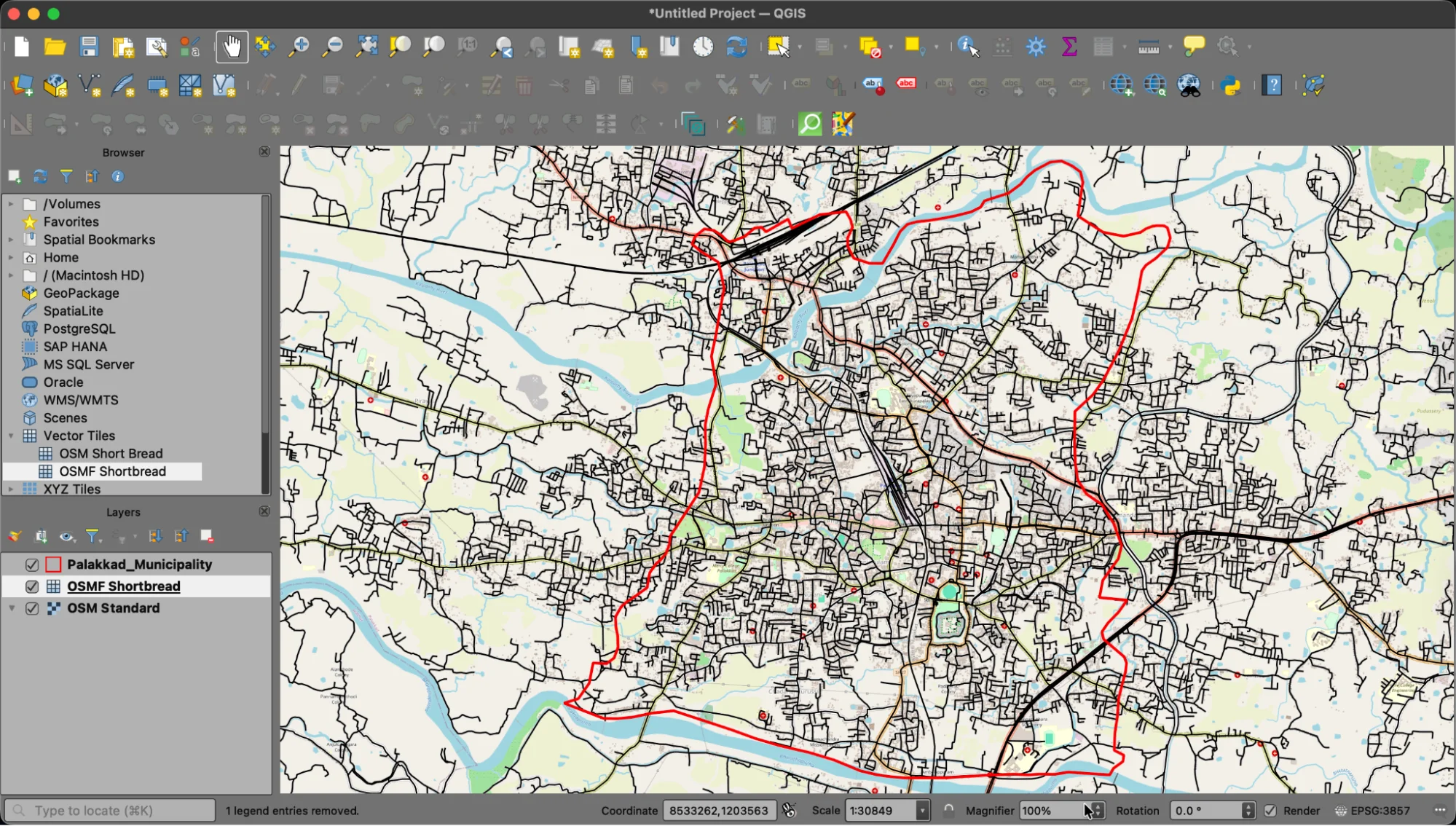 QGIS map canvas showing roads styled with a thick black line over the OSM basemap