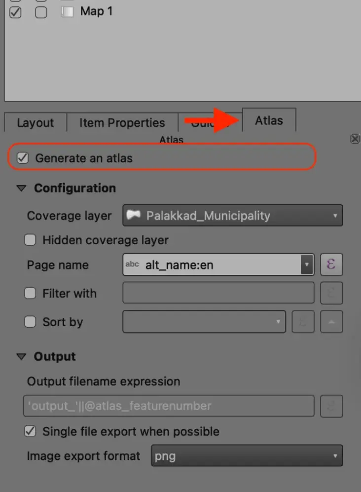 Atlas settings panel with Generate an Atlas enabled and Palakkad Municipality selected as the coverage layer