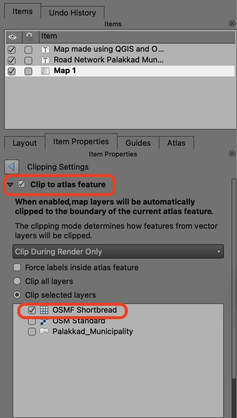 Clipping Settings dialog with Clip to atlas feature enabled and Shortbread layer selected