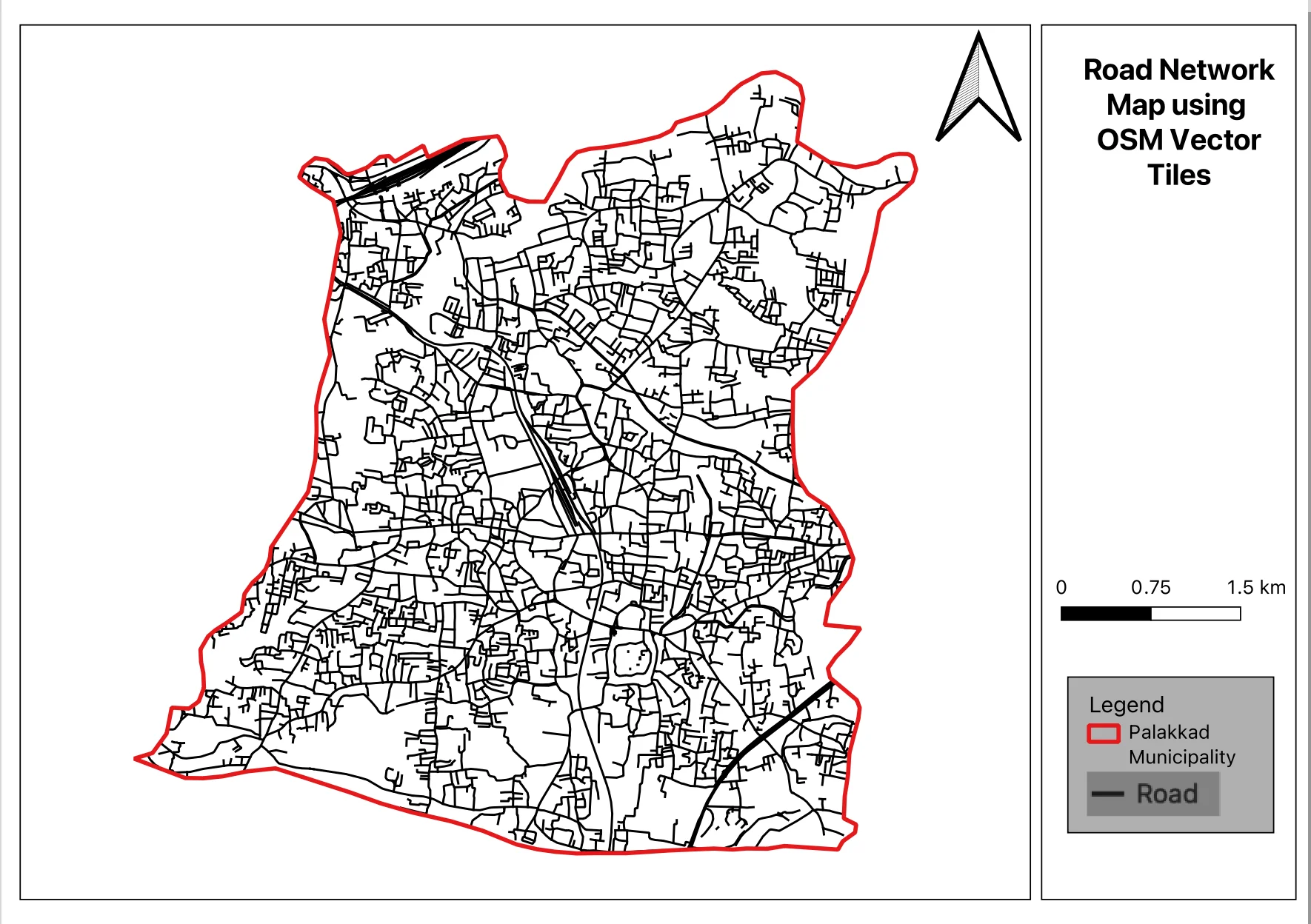 Final road network map of Palakkad Municipality created using OSM Vector Tiles