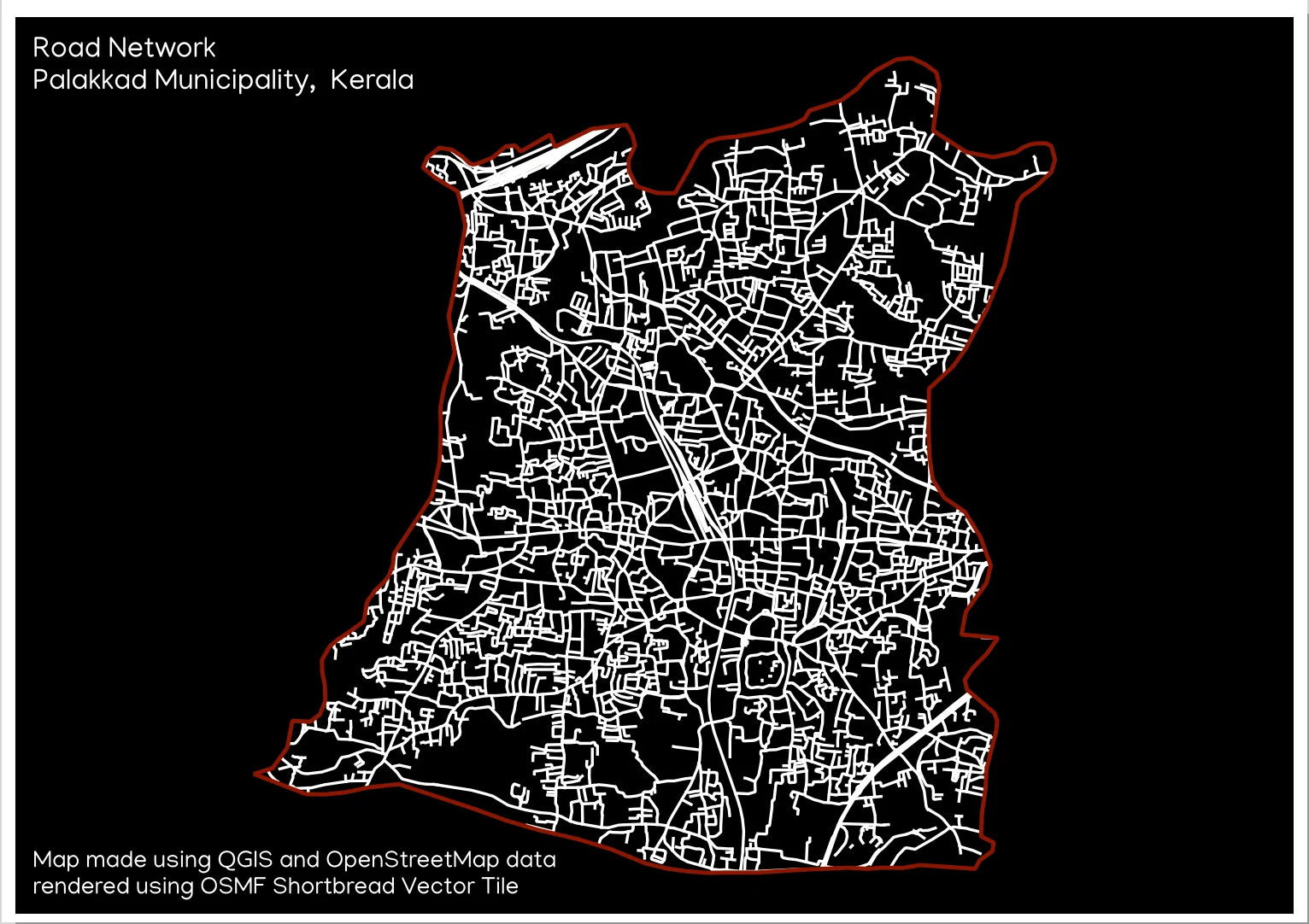 Final road network map of Palakkad Municipality styled in black and white