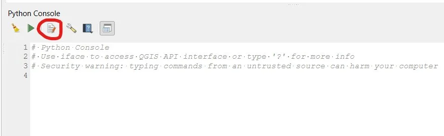 The QGIS Python Console opened at the bottom of the screen