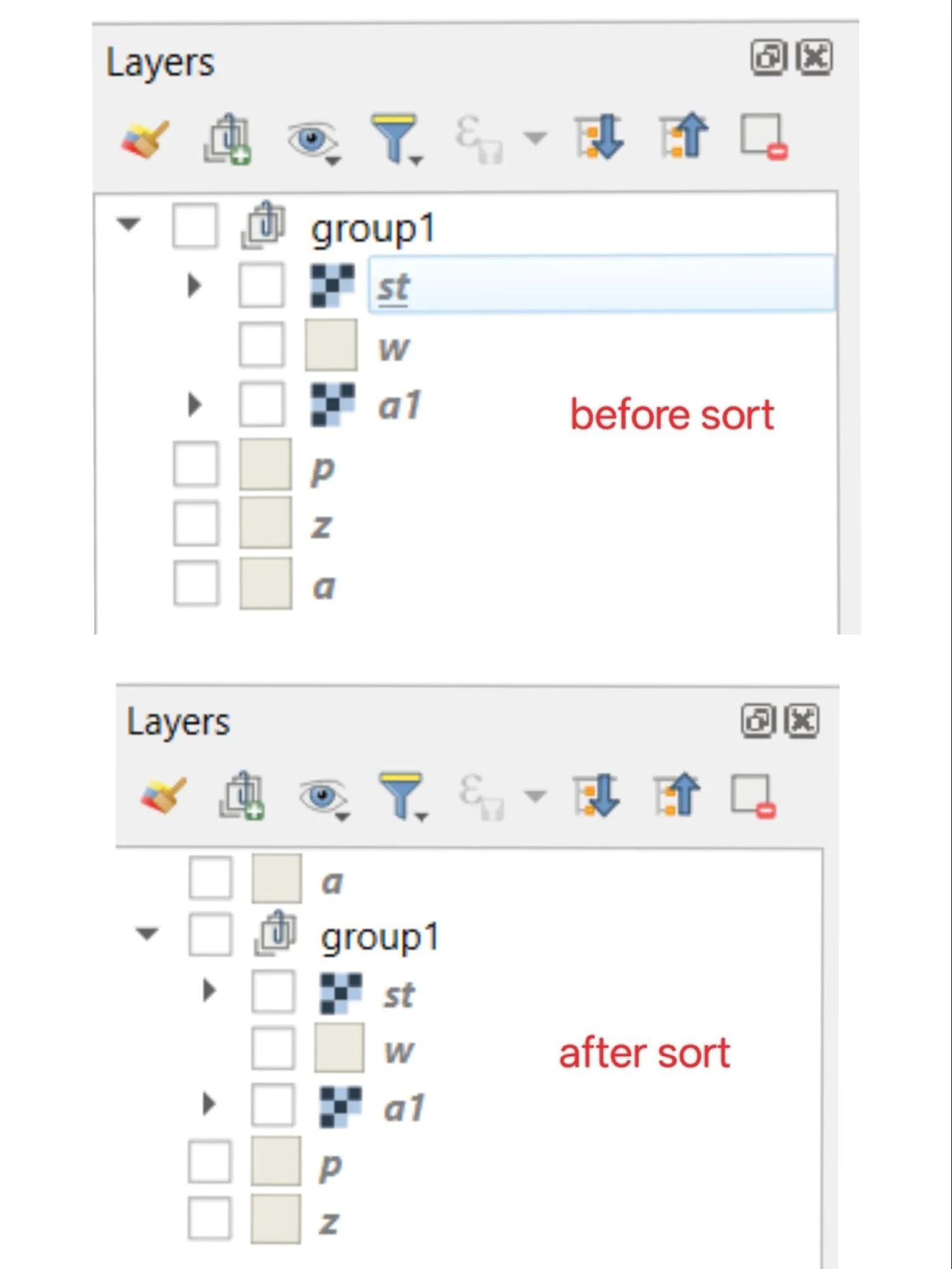 Before and after comparison of the Layer Panel sorted at the top level only using sort_top_level_only