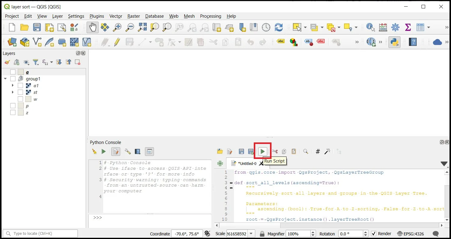 The sort_all_levels script pasted into the QGIS Python Console Editor
