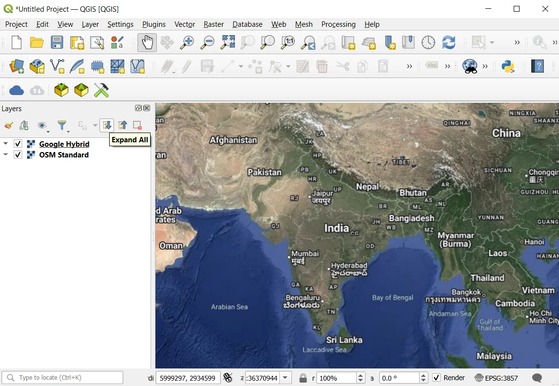 QGIS with Google Hybrid basemap loaded