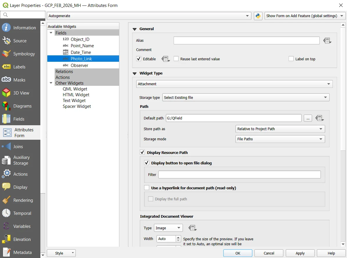 Photo Widget configuration in Attributes Form